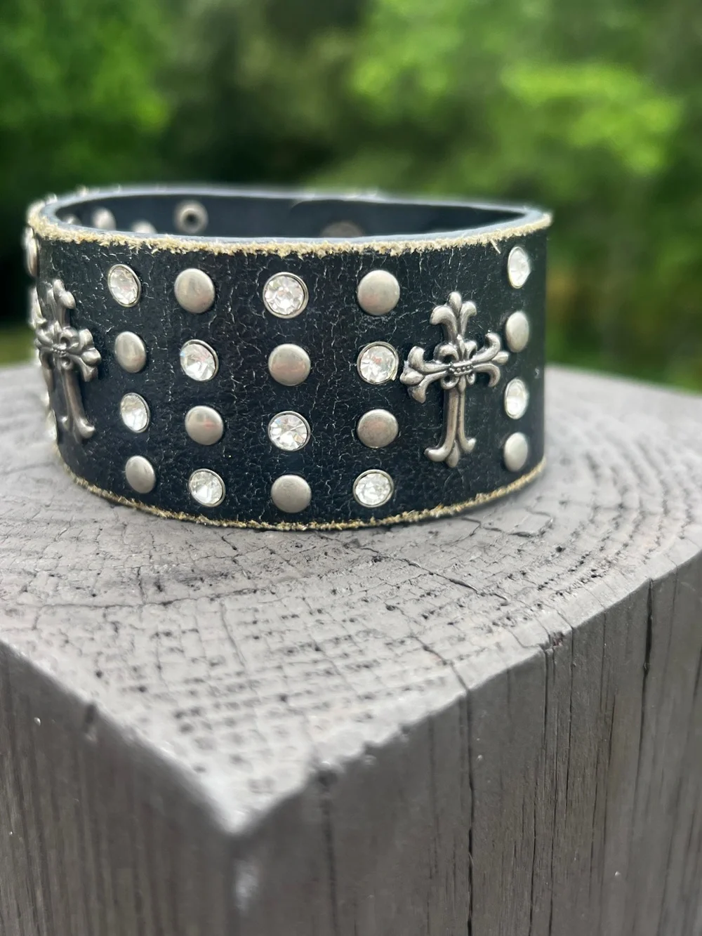 Distressed Genuine Leather Cross Studded Cuff Bracelet
